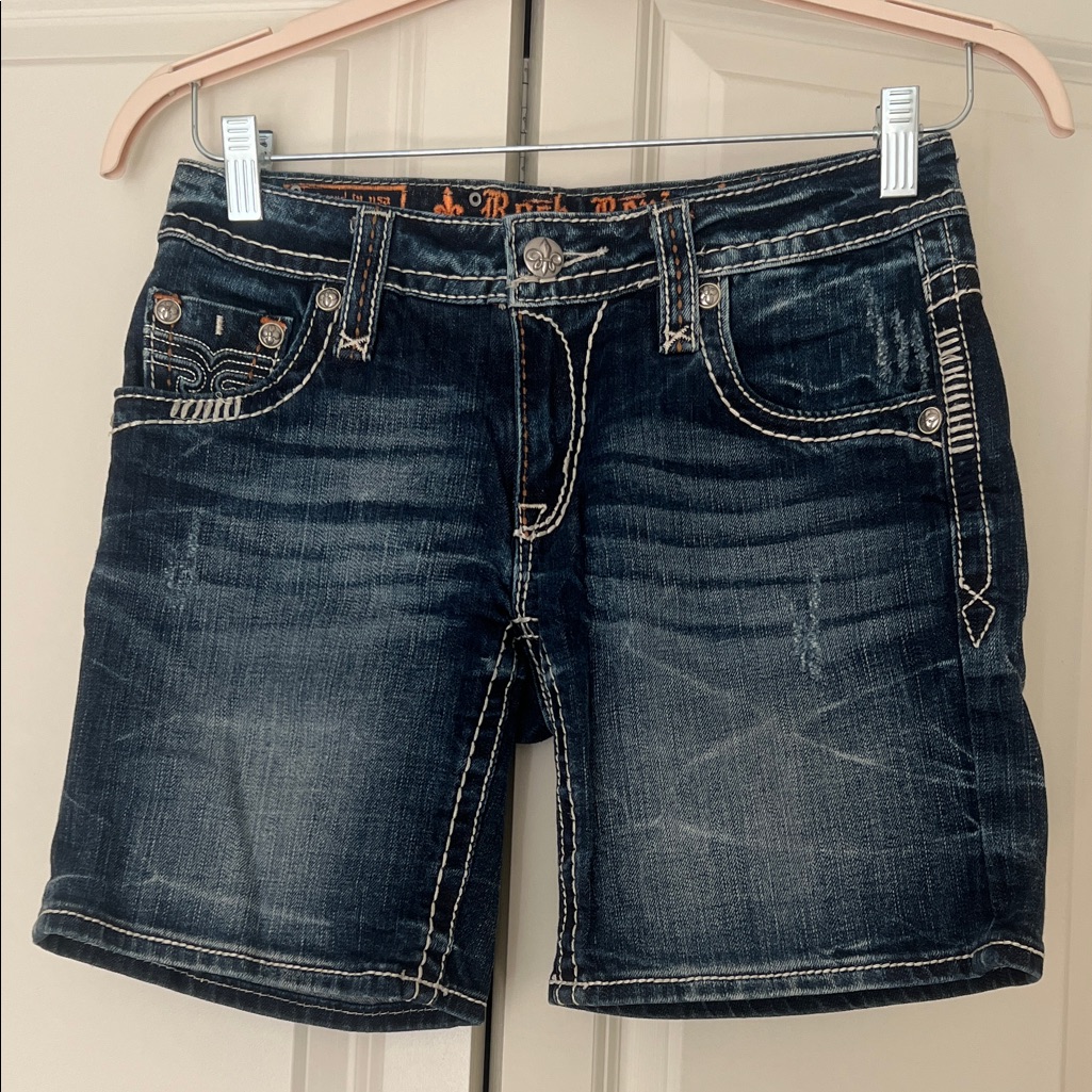 Rock Revival Dark Blue Denim Shorts With Off-White & Orange Stitching